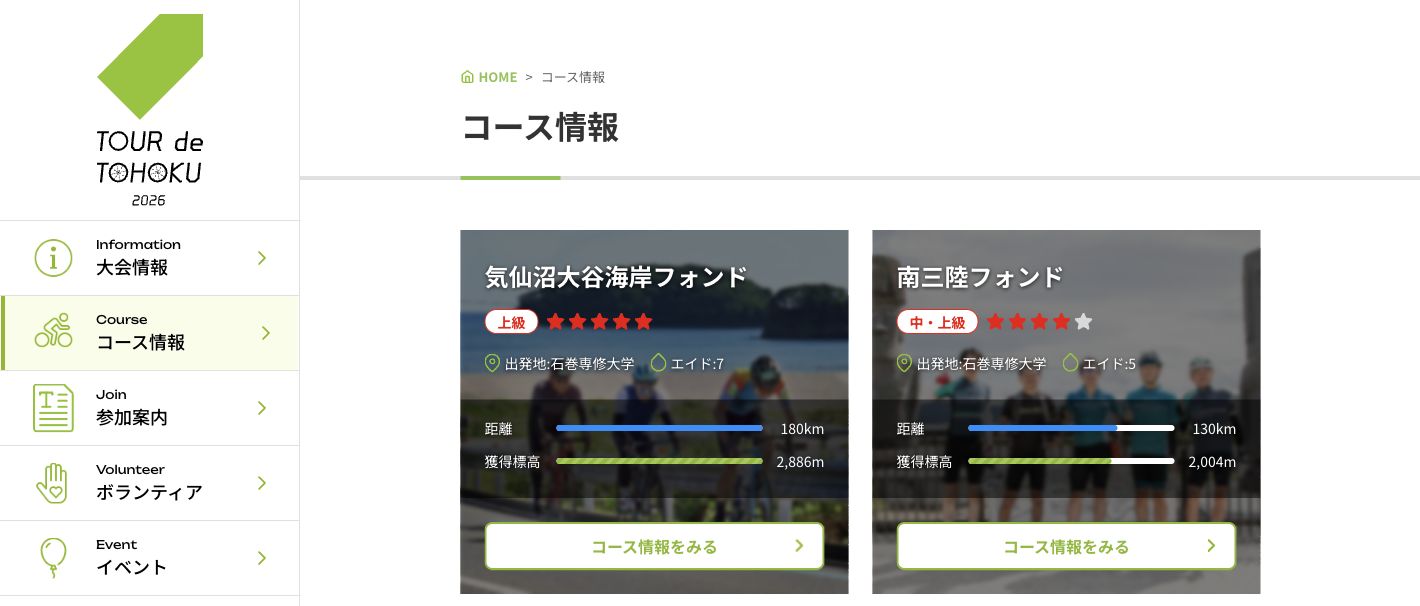 2026年公式サイトのコース一覧ページ上部。左側の共通ナビゲーションと、難易度や距離を比べられるコースカードを表示